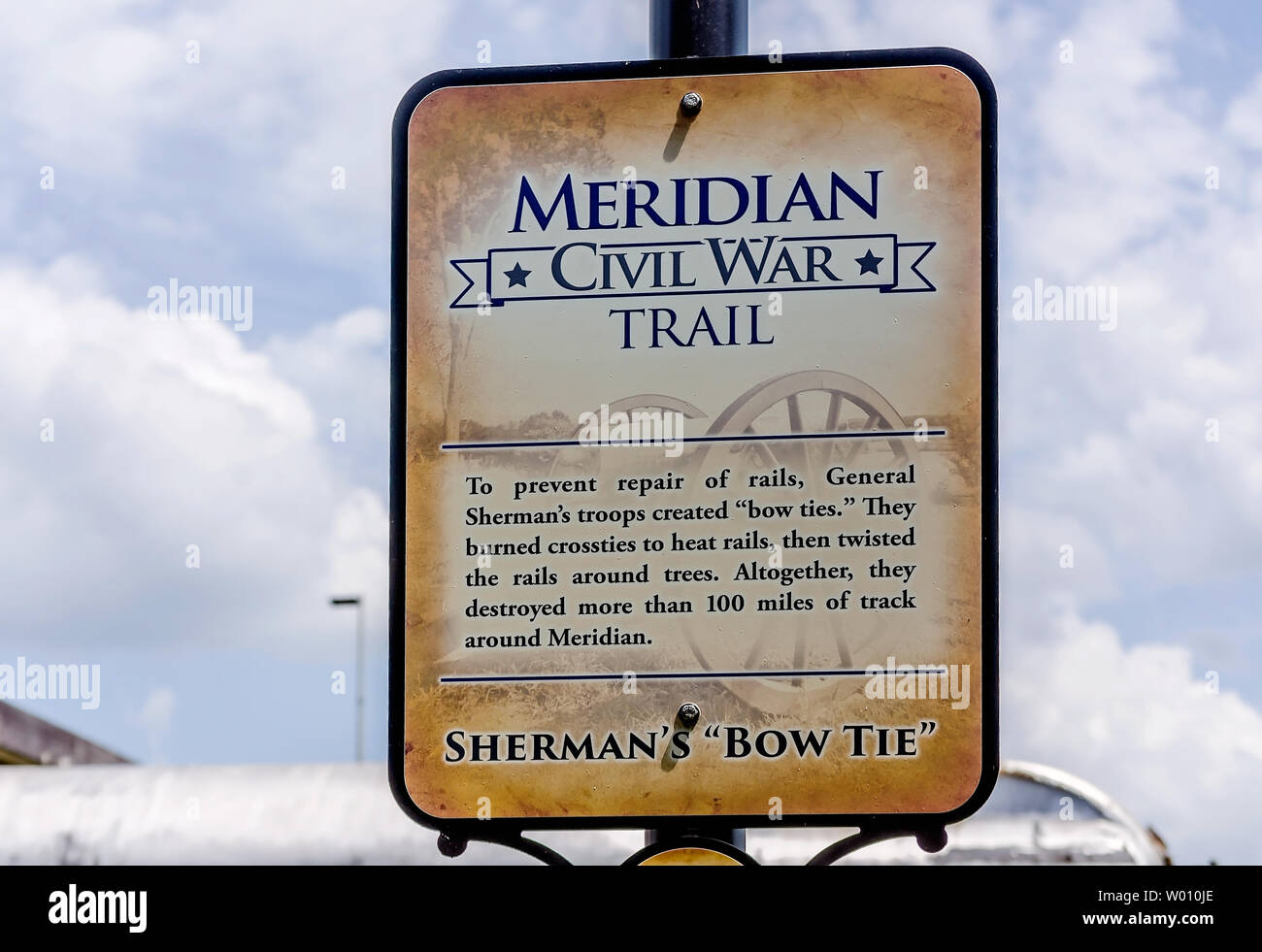 A historic marker stands in front of a Sherman bow tie on the Meridian  Civil War Trail, June 22, 2019, at the Meridian Railroad Museum in  Mississippi Stock Photo - Alamy