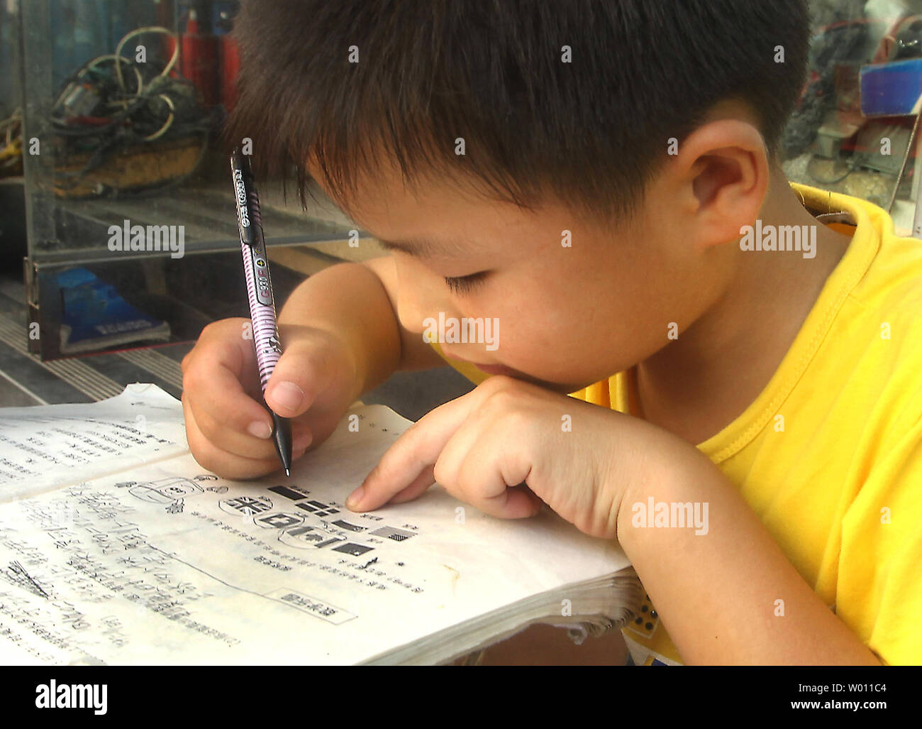 A young Chinese boy studies flags of various countries while doing ...