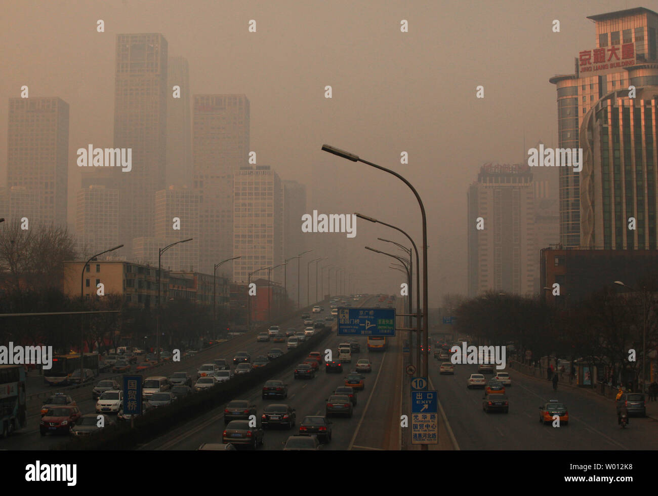 Heavy smog, rated as 'Hazardous'  by the the U.S. embassy air quality monitor, hangs over Beijing's central business district on February 22, 2013.  Chinese officials have admitted for the first time that decades of reckless pollution management has led to severe health and social problems, as the government lays out a five-year plan for environmental improvement.       UPI/Stephen Shaver Stock Photo