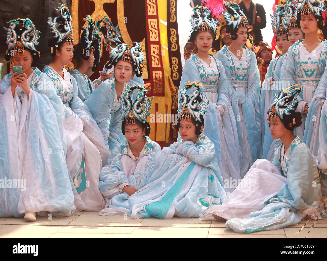 Thousands of Chinese performers, government and business representatives, security and tourists take part in the annual Tomb Sweeping memorial ceremony for China's Yellow Emperor outside of Xian in Huangling County, Shaanxi Province, on April 5, 2014.  The ceremony celebrates the legendary emperor, known as Huangdi and a common ancestor of all Chinese, at his tomb with prayers and ancient rituals.   UPI/Stephen Shaver Stock Photo