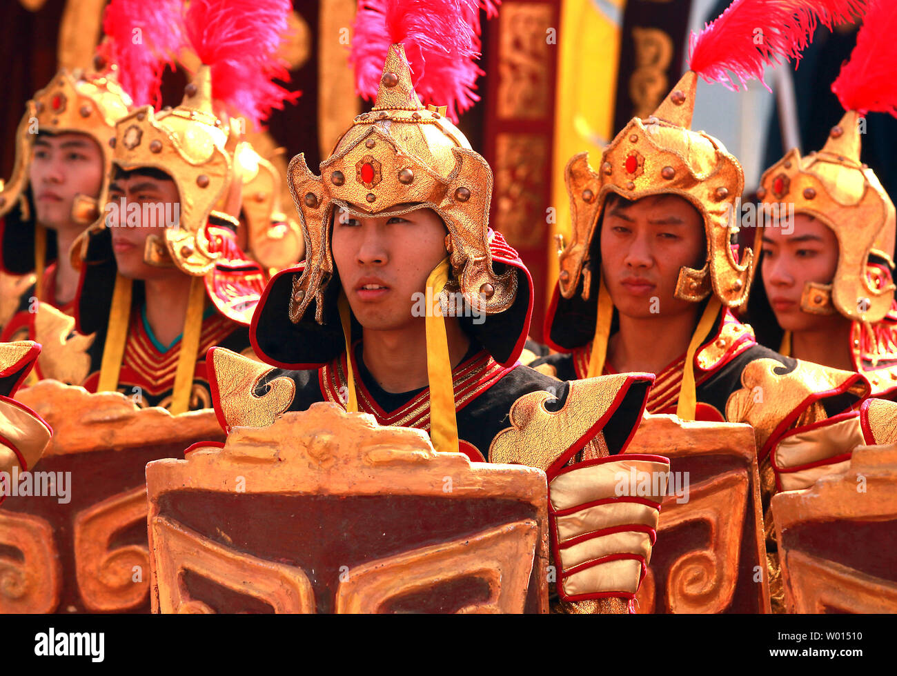 Thousands of Chinese performers, government and business representatives, security and tourists take part in the annual Tomb Sweeping memorial ceremony for China's Yellow Emperor outside of Xian in Huangling County, Shaanxi Province, on April 5, 2014.  The ceremony celebrates the legendary emperor, known as Huangdi and a common ancestor of all Chinese, at his tomb with prayers and ancient rituals.   UPI/Stephen Shaver Stock Photo