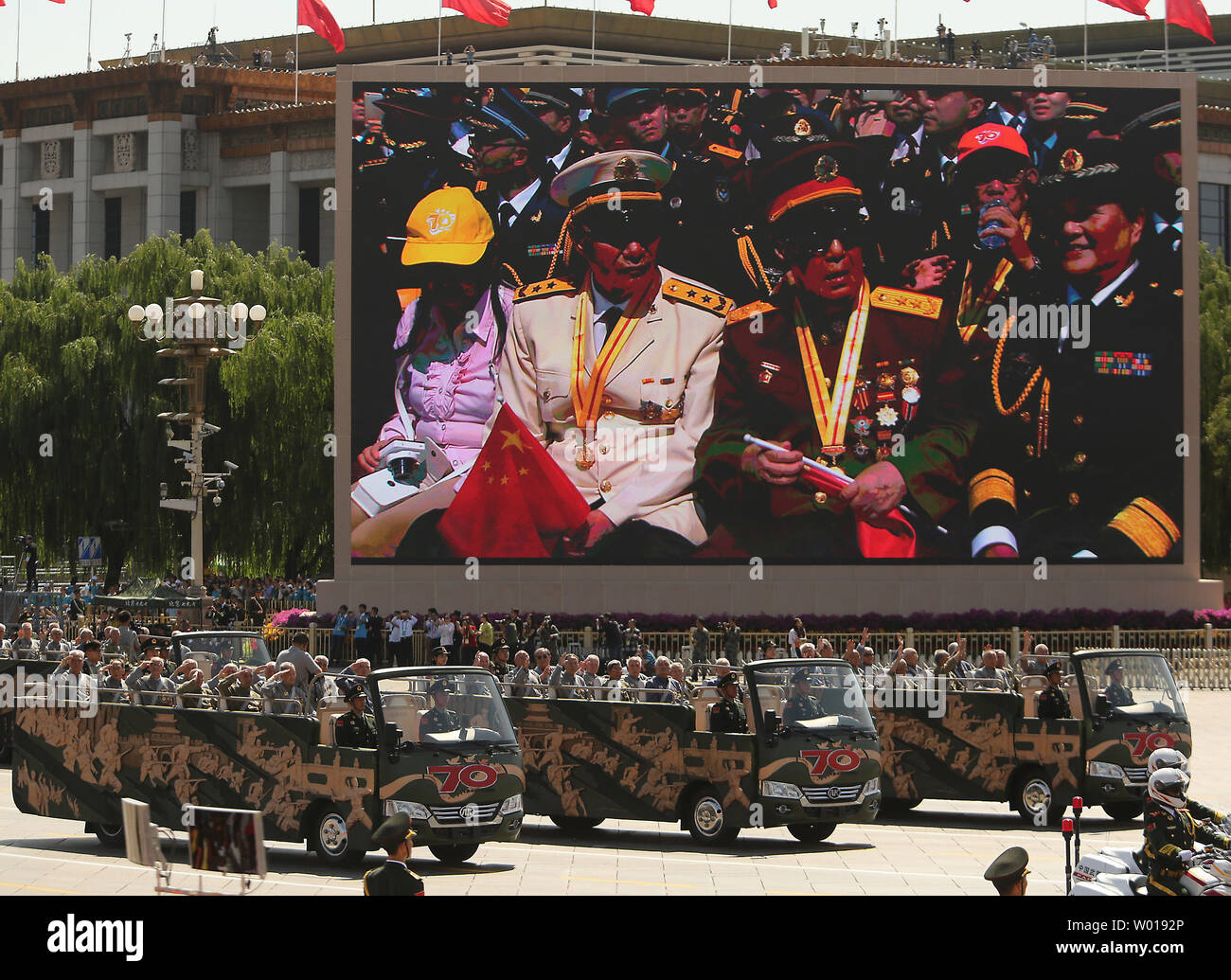 Chinese war veterans participate in a massive parade marking the 70th anniversary of victory over Japan and the end of World War II in Beijing on September 3, 2015.  Presiding over the extravaganza, President Xi Jinping, China's most powerful leader in decades, said that China would remain committed to 'the path of peaceful development' and unexpectedly vowed to cut 300,000 troops from its 2.3-million strong military -  the world's largest.       Photo by Stephen Shaver/UPI Stock Photo