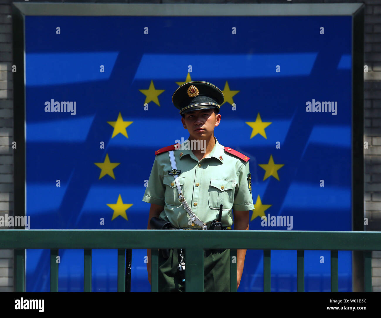 A Chinese soldier stands guard in front of the European Union's (EU) embassy in Beijing on June 25, 2016.  China has called for Britain and the EU to reach an agreement as soon as possible after Britain voted to leave the membership, while an influential state-run newspaper warned the United Kingdom was becoming a 'small country'.     Photo by Stephen Shaver/UPI Stock Photo