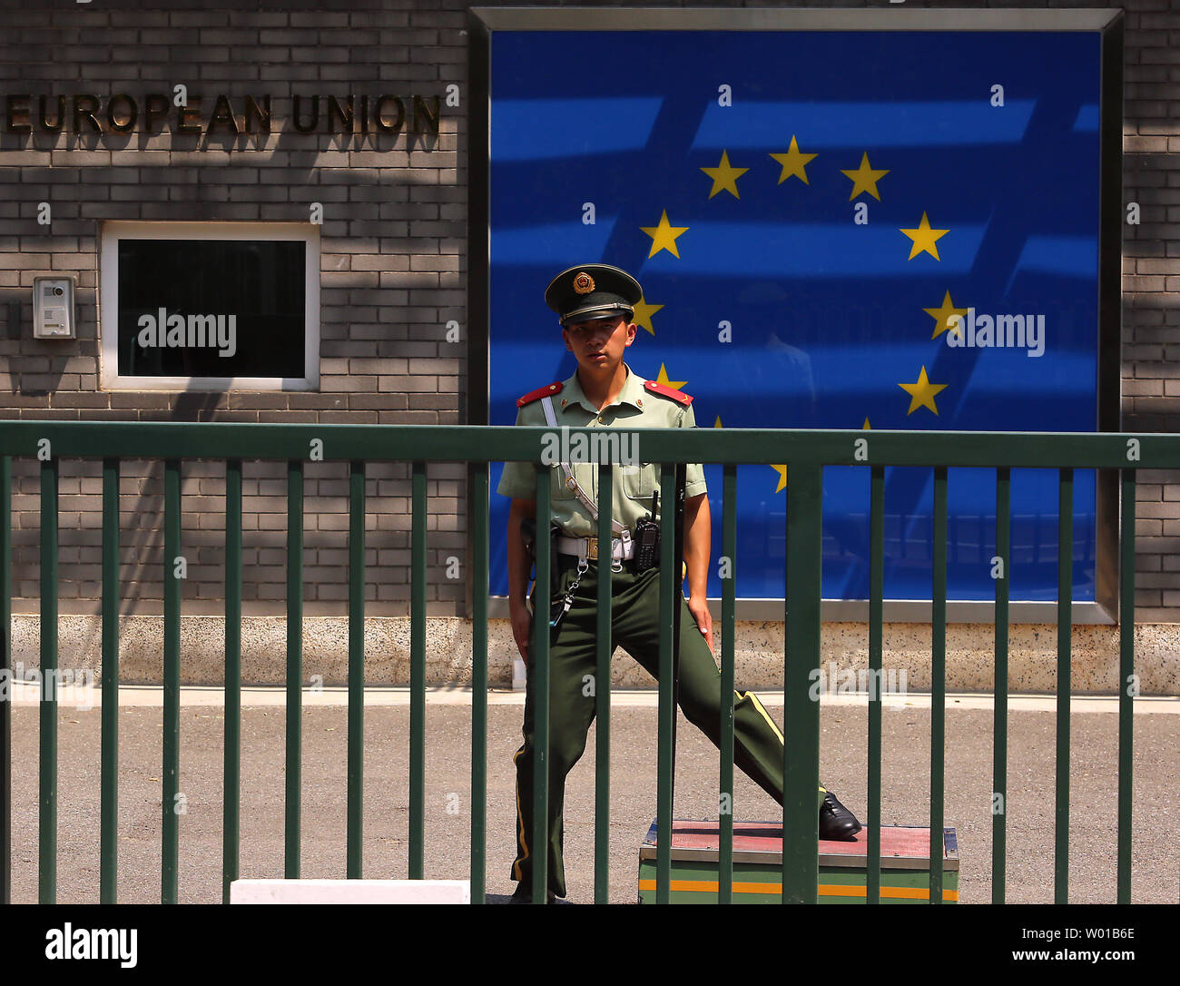 A Chinese soldier stands guard in front of the European Union's (EU) embassy in Beijing on June 25, 2016.  China has called for Britain and the EU to reach an agreement as soon as possible after Britain voted to leave the membership, while an influential state-run newspaper warned the United Kingdom was becoming a 'small country'.     Photo by Stephen Shaver/UPI Stock Photo