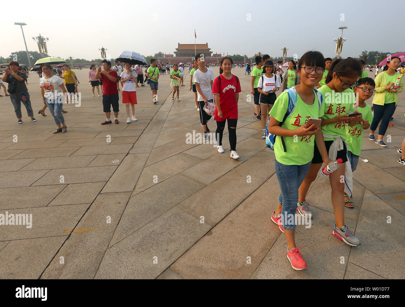 Chinese students visit Tiananmen Square, the site of the deadly 1989 student protests, in Beijing on July 14, 2017.   China has rejected foreign criticism over Liu Xiaobo's death for not allowing the country's most prominent critic to be treated abroad for liver cancer.     Photo by Stephen Shaver/UPI Stock Photo