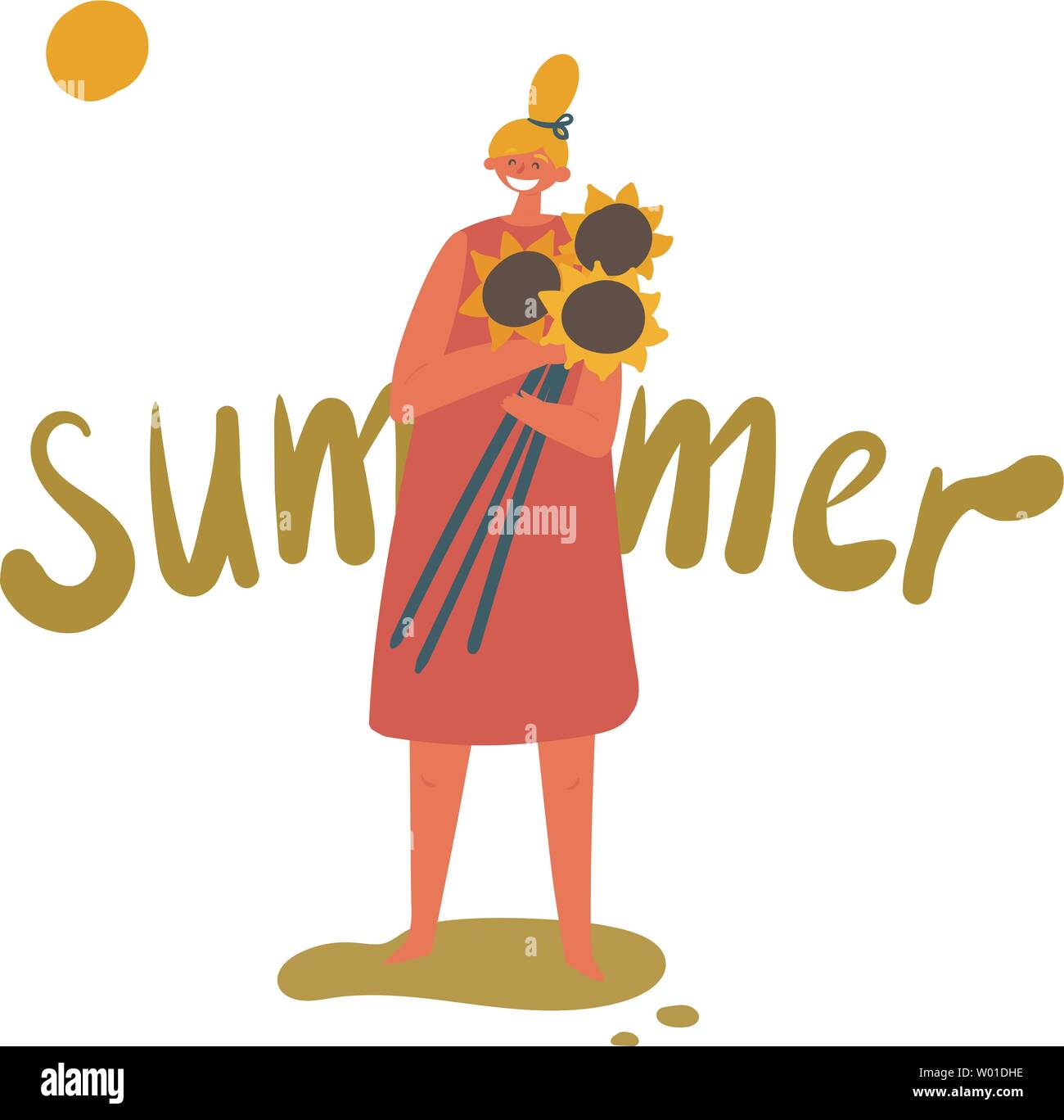 Confident women with light hair and red dress smiling enjoying summertime  in vector with text quote summer. A young woman stands on the grass and  hold Stock Vector Image & Art -