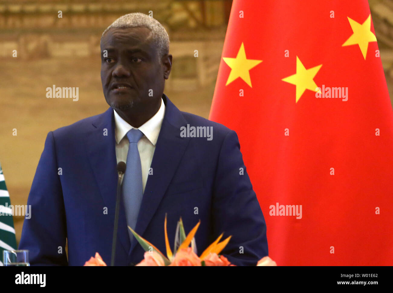 Chairman of the African Union Commission Moussa Faki Mahamat holds a press conference with Chinese Foreign Minister Wang Yi (not pictured) in Beijing on February 8, 2018.  Moussa dismissed a French newspaper report alleging that China had spied on the continental body as 'lies'.    Photo by Stephen Shaver/UPI Stock Photo