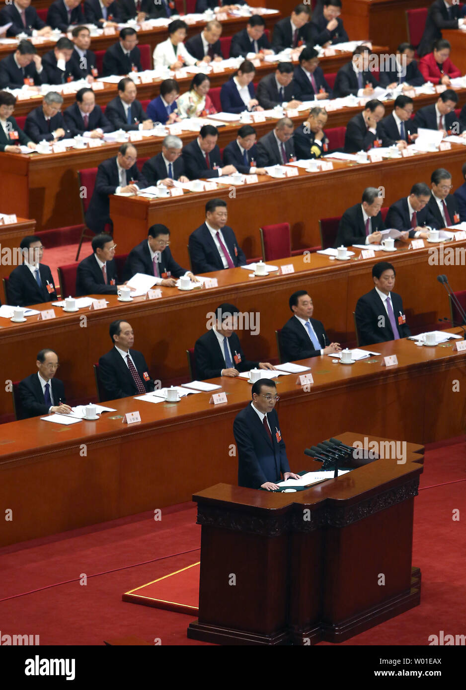 Chinese Premier Li Keqiang gives the keynote speech to top government delegates attending the opening session of the National People's Congress (NPC) in the Great Hall of the People in Beijing on March 5, 2018.  China's largely ceremonial parliament opened Monday, with over 3,000 delegates poised to endorse controversial measures that will allow Chinese President Xi Jinping to rule indefinitely.     Photo by Stephen Shaver/UPI Stock Photo