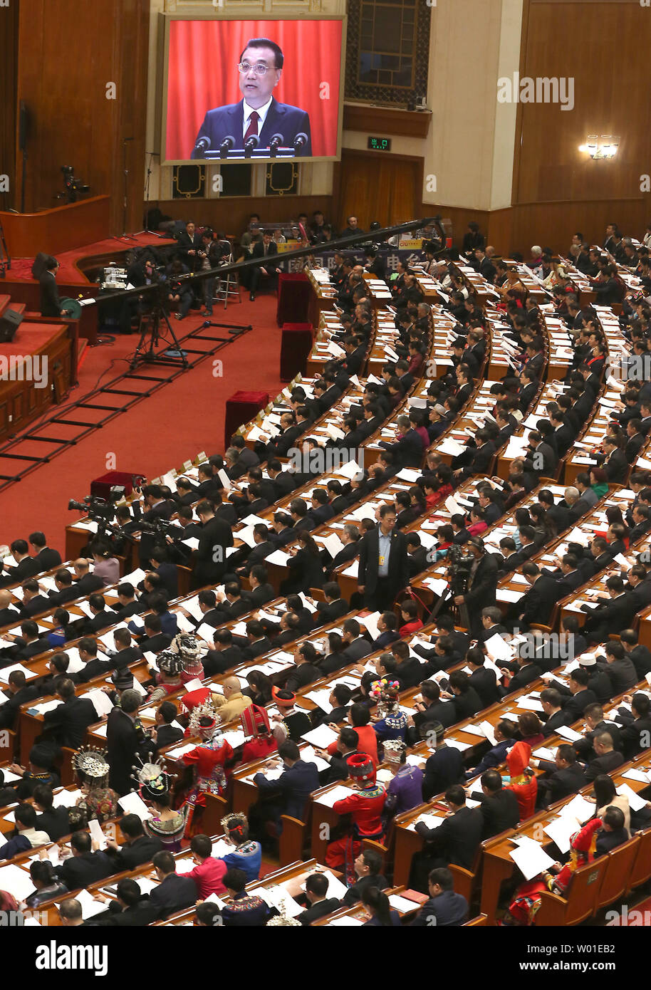 Chinese Premier Li Keqiang gives the keynote speech to top government delegates attending the opening session of the National People's Congress (NPC) in the Great Hall of the People in Beijing on March 5, 2018.  China's largely ceremonial parliament opened Monday, with over 3,000 delegates poised to endorse controversial measures that will allow Chinese President Xi Jinping to rule indefinitely.     Photo by Stephen Shaver/UPI Stock Photo