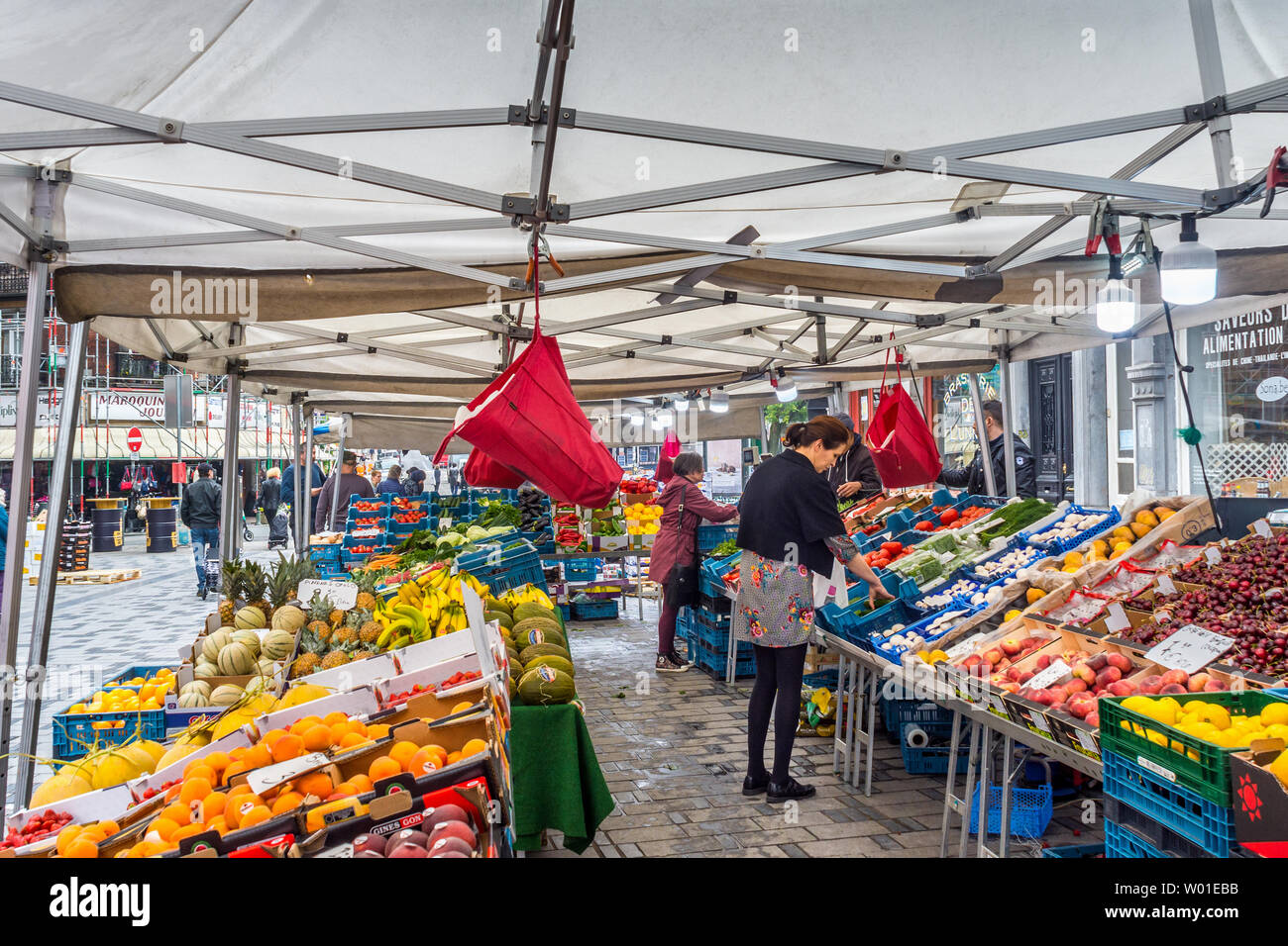 Daily morning food market, SaintGilles, Brussels, Belgium Stock Photo
