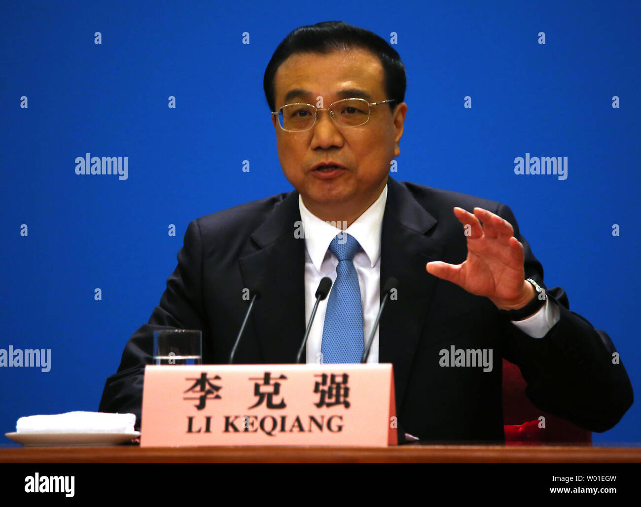 Chinese Premier Li Keqiang holds a press conference for domestic and foreign journalists after the closing session of the National People's Congress (NPC) in the Great Hall of the People in Beijing on March 20, 2018.  Li pledged further market opening as talks of a trade war with the U.S. mounts.    Photo by Stephen Shaver/UPI Stock Photo