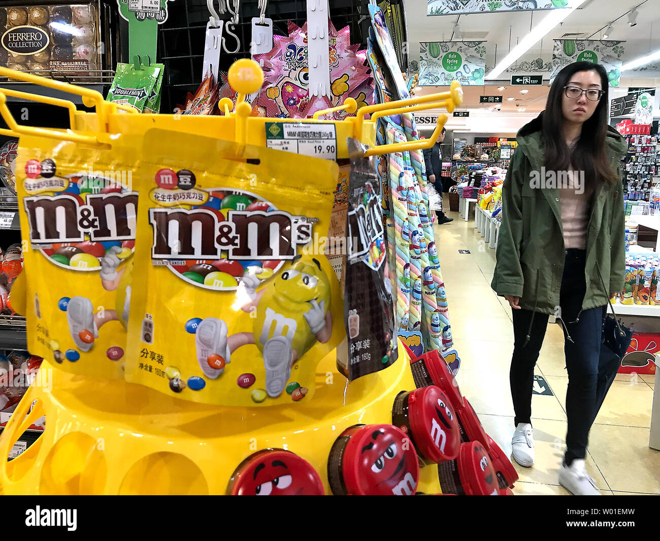 American M&M's are sold in Beijing on April 3, 2018.  China says ti will respond to any new trade tariffs by the U.S. with measures of the same scale and intensity, according to China's ambassador to the United States.  Beijing slapped tariffs on $3 billion worth of U.S. exports.     Photo by Stephen Shaver/UPI Stock Photo