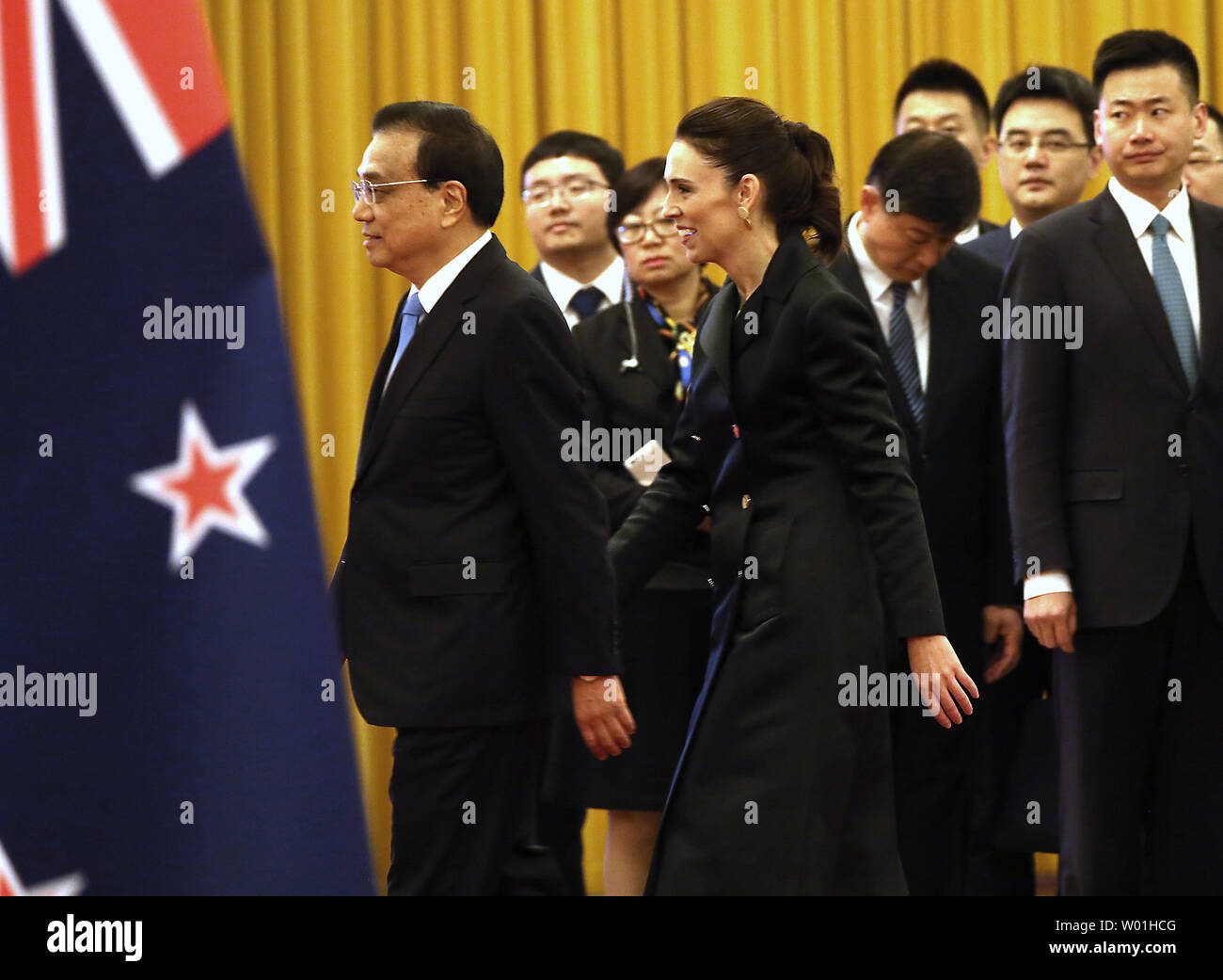 Chinese Premier Li Keqiang (L) introduces New Zealand (NZ) Prime Minister Jacinda Ardern to Chinese ministers during a welcoming ceremony at the Great Hall of the People in Beijing on April 1, 2019.  China and NZ signed agreements on eliminating double taxation and tax avoidance as the two countries look to reset economic relations.   Photo by Stephen Shaver/UPI Stock Photo