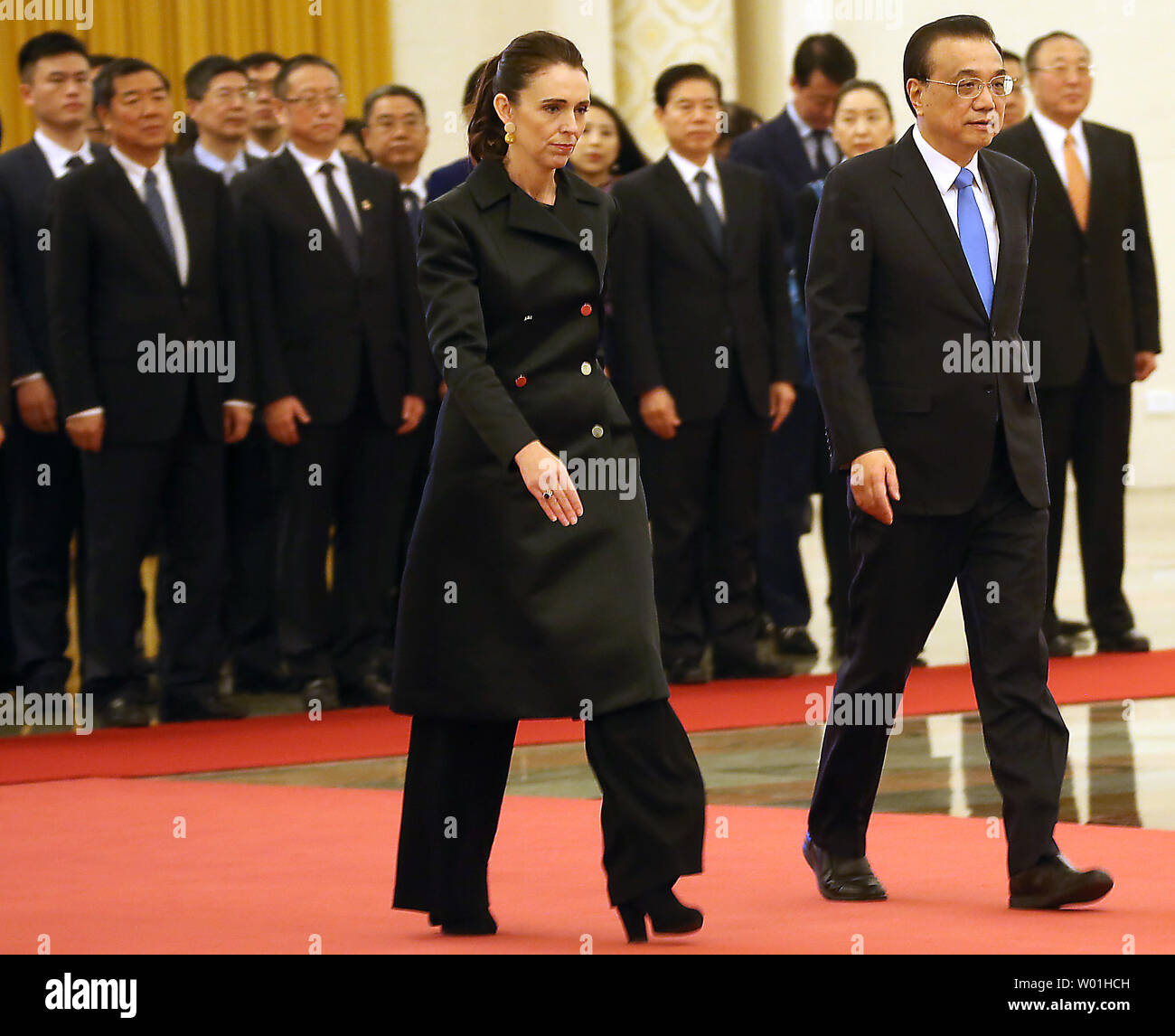 Chinese Premier Li Keqiang (R) and New Zealand (NZ) Prime Minister Jacinda Ardern attend a welcoming ceremony at the Great Hall of the People in Beijing on April 1, 2019.  China and NZ signed agreements on eliminating double taxation and tax avoidance as the two countries look to reset economic relations.   Photo by Stephen Shaver/UPI Stock Photo