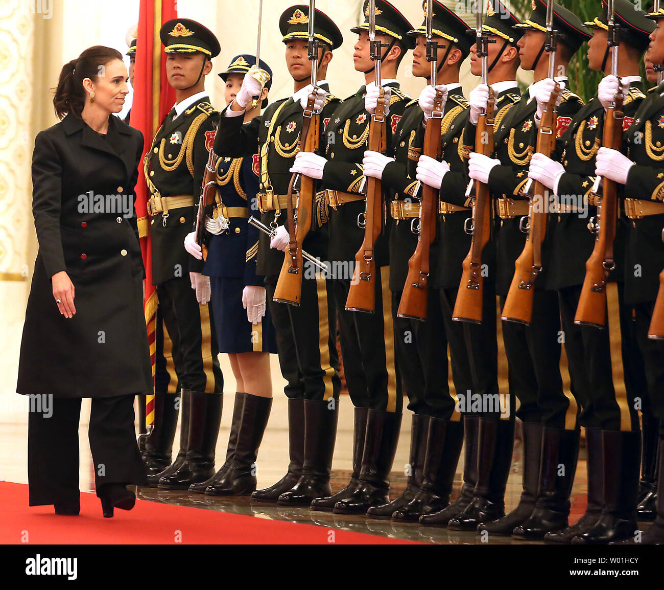 New Zealand (NZ) Prime Minister Jacinda Ardern inspects a Chinese honor guard during a welcoming ceremony at the Great Hall of the People in Beijing on April 1, 2019.  China and NZ signed agreements on eliminating double taxation and tax avoidance as the two countries look to reset economic relations.   Photo by Stephen Shaver/UPI Stock Photo