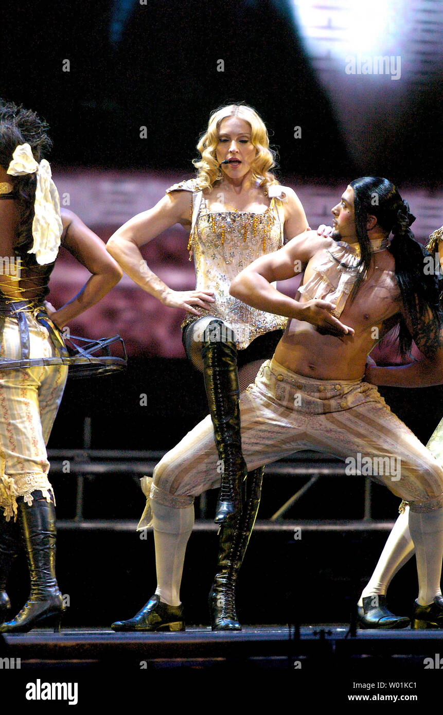 Madonna performs her opening songs during the first of a two night stand for her 'Reinvention Tour' at the Wachovia Center in Philadelphia, on July 4, 2004. (UPI Photo/Jon Adams) Stock Photo