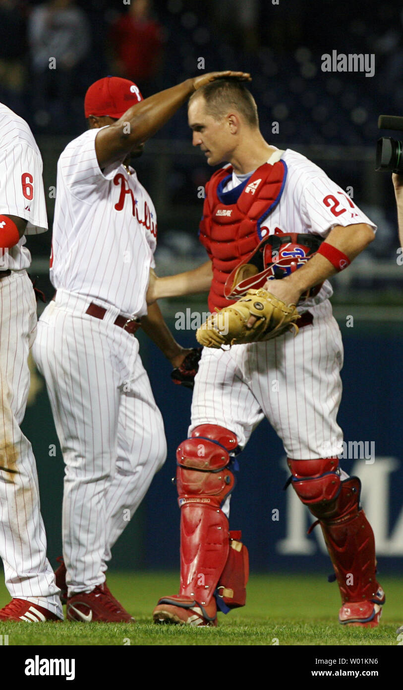 Philadelphia Phillies relief pitcher Tom Gordon celebrates the final out in  the bottom of the ninth inning against the Florida Marlins in their  National League baseball game in Miami, Florida September 30,