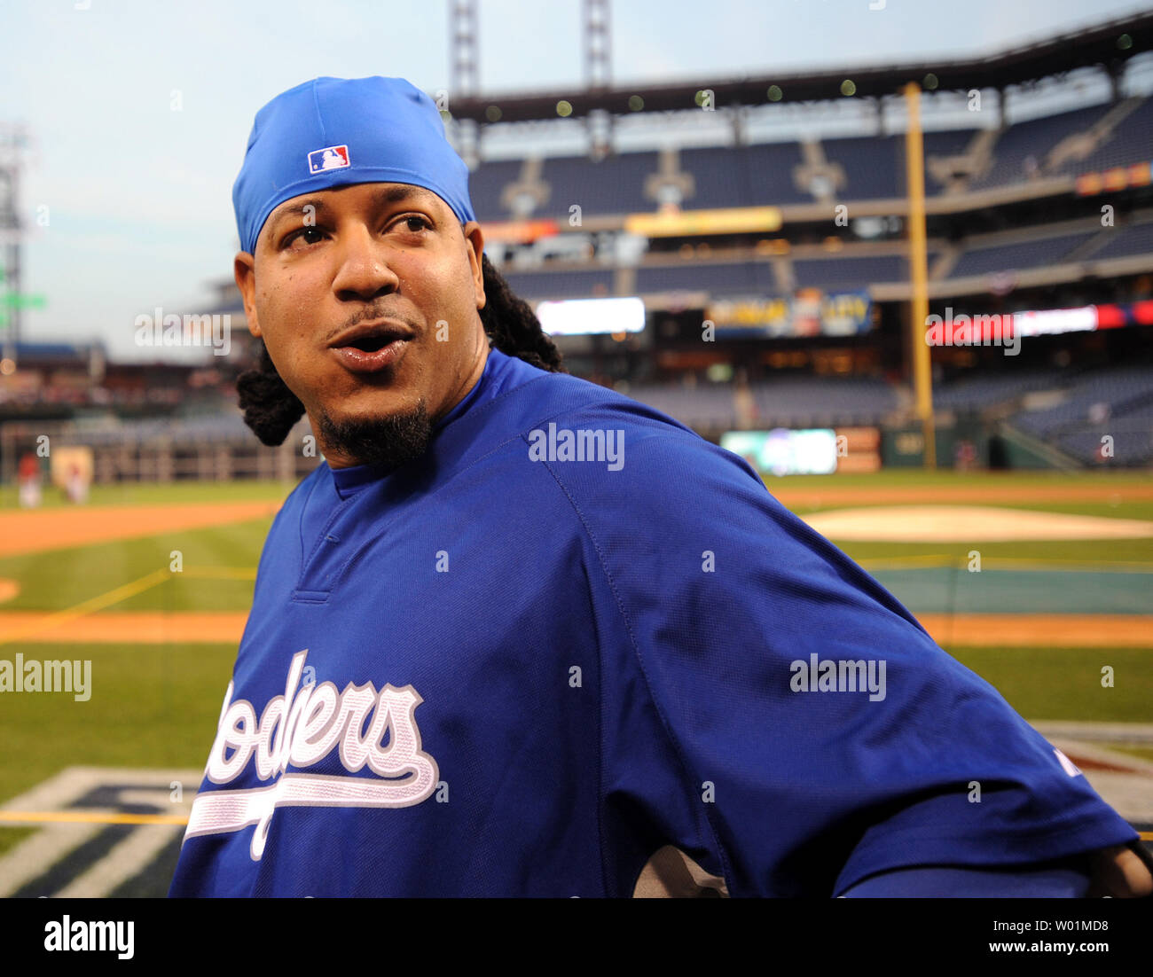 Los Angeles Dodgers Manny Ramirez chews tobacco as he looks around the  field during warm-ups prior to the Dodgers-Phillies game one of Major  League Baseball's National League Championship Series at Citizen's Bank