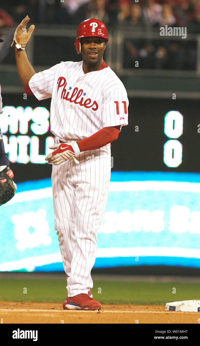 Philadelphia Phillies Jimmy Rollins gestures as he gets to second base  during first inning World Series game 3 play with the Tampa Bay Rays in  Philadelphia at Citizens Bank Park October 25,