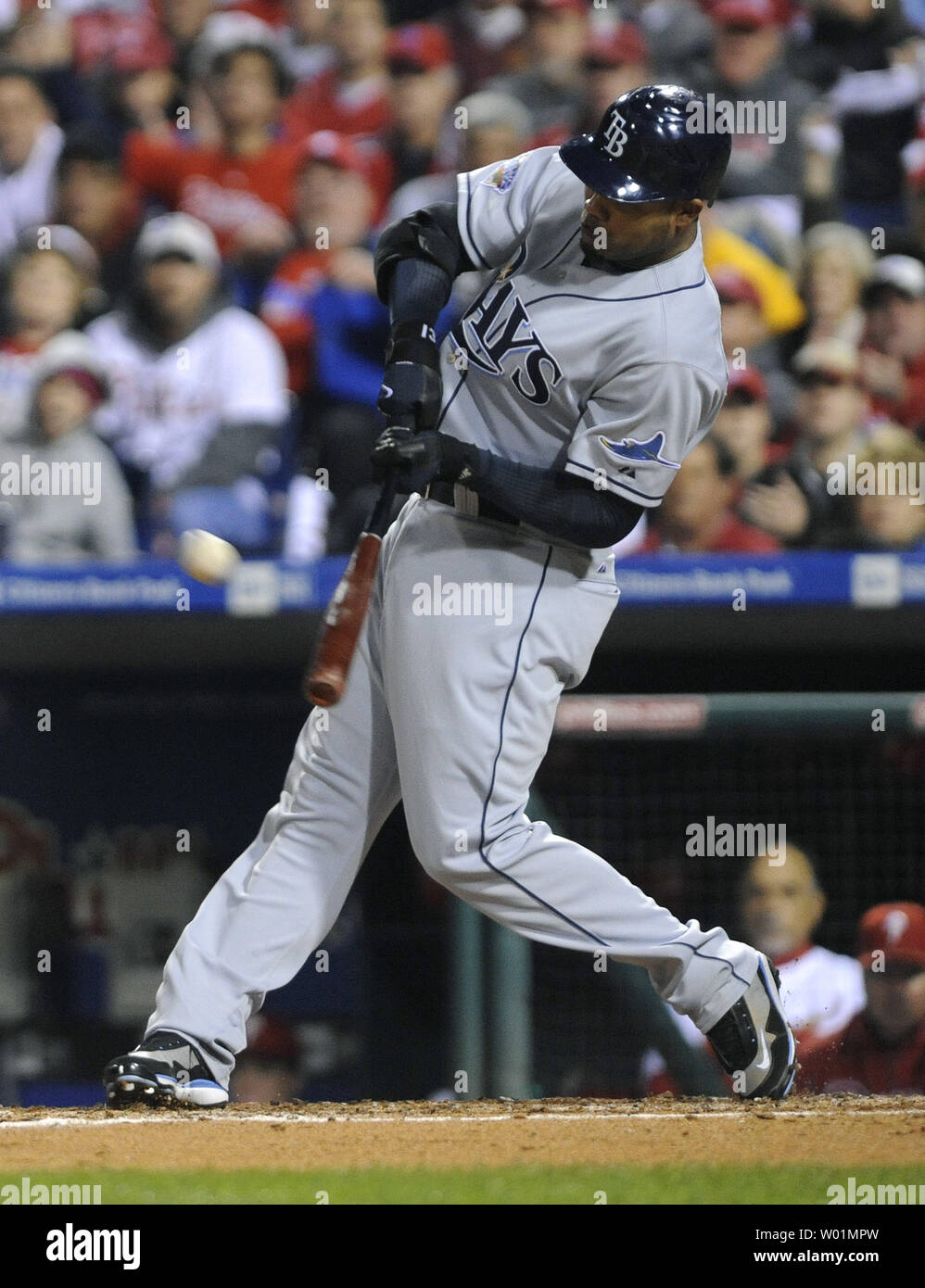 Tampa Bay Rays outfielder Carl Crawford connects for a solo home run  against the Philadelphia Phillies during the fourth inning of game 4 of the  World Series at Citizens Bank Park in
