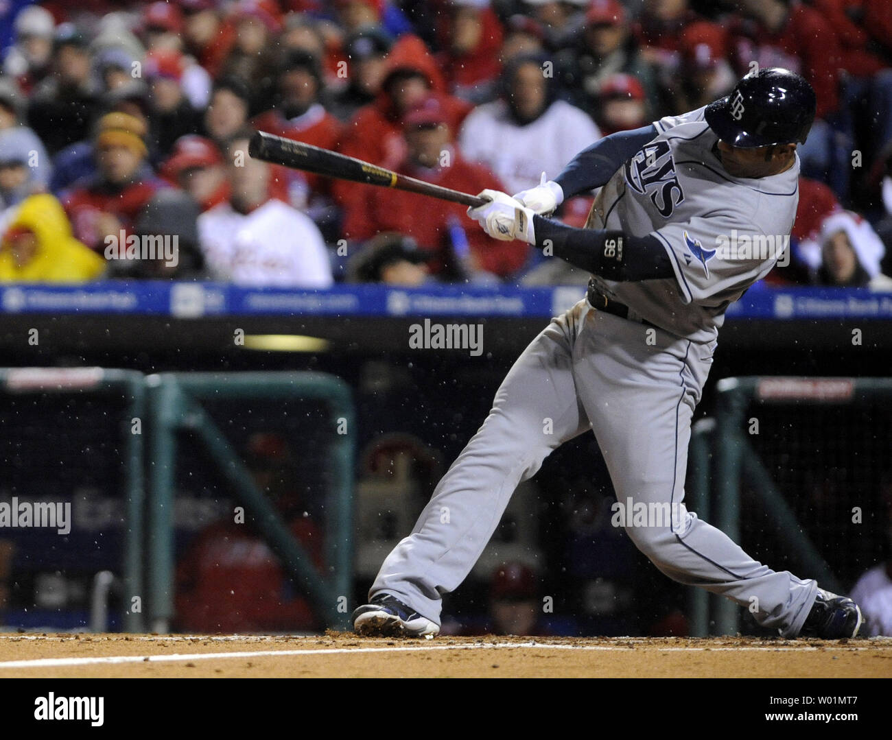 Tampa Bay Rays first baseman Carlos Pena connects for a double against the Philadelphia Phillies during the fourth inning of game 5 of the World Series at Citizens Bank Park in Philadelphia on October 27, 2008. (UPI Photo/Kevin Dietsch) Stock Photo