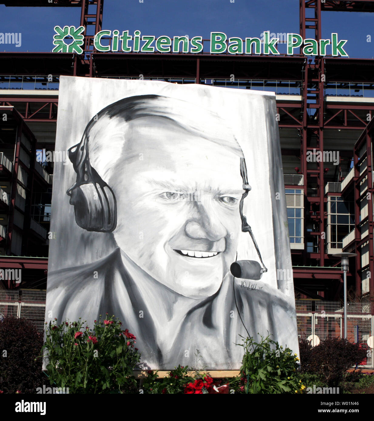 A huge poster of longtime Philadelphia Phillies announcer Harry Kalas has been put up in front of Citizens Bank Park in memorial April 17, 2009.  Kalas, a Philadelphia Phillies announcer for the past 30 years, died before the Phillies game in Washington April 13, 2009. Kalas will lie in state at the ballpark, the first baseball person to do so since Babe Ruth died in 1948.   (UPI Photo/John Anderson) Stock Photo