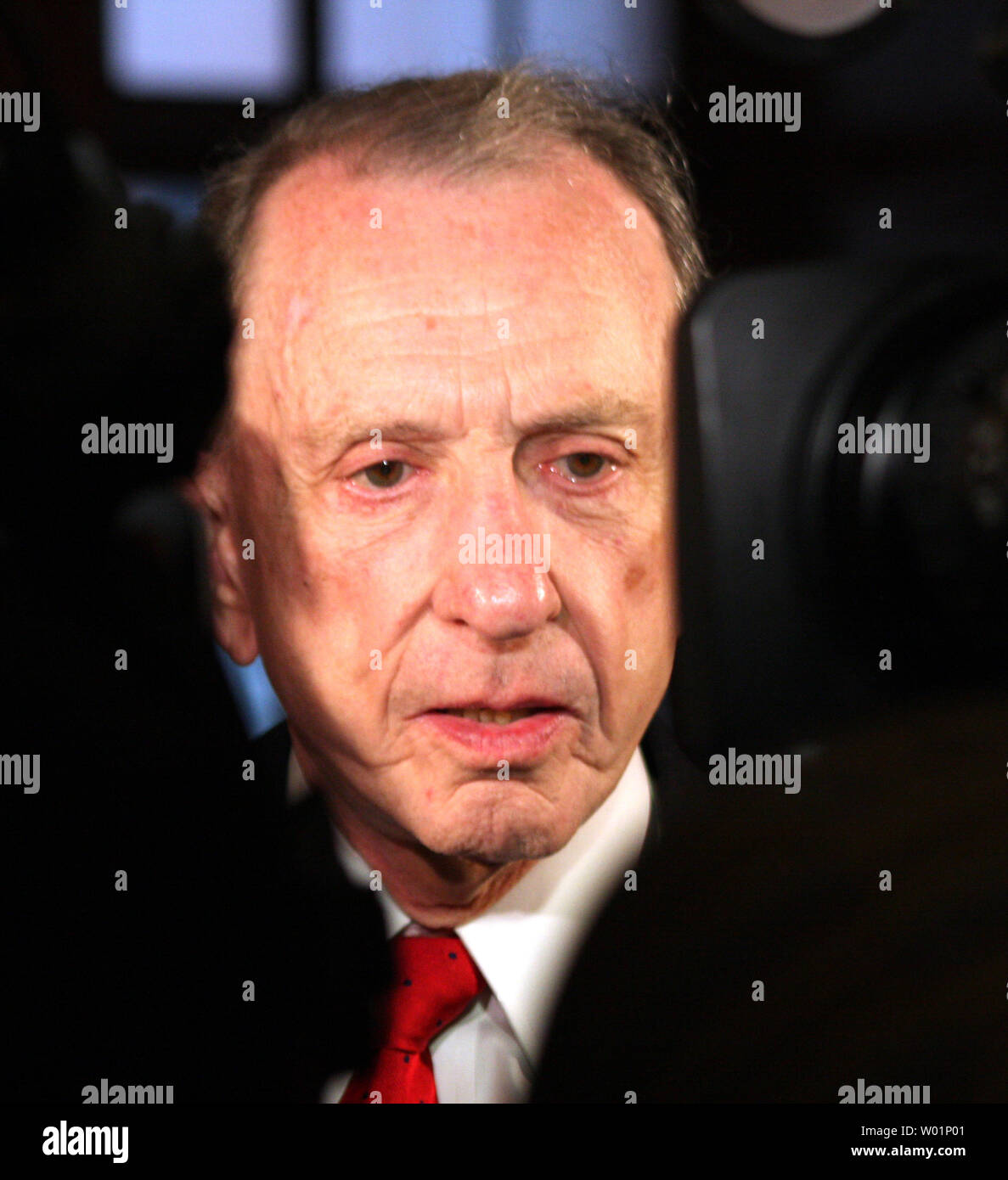 Sen. Arlen Specter (D-PA) appears concerned as he speaks with news media during his day of campaigning in Philadelphia May 18, 2010. He was defeated by Democratic congressman Joe Sestak during the Pa. Primary late May 18, 2060.Specter had to battle his age and his recent defection from the Republican Party to the Democratic Party.         UPI /John Anderson Stock Photo