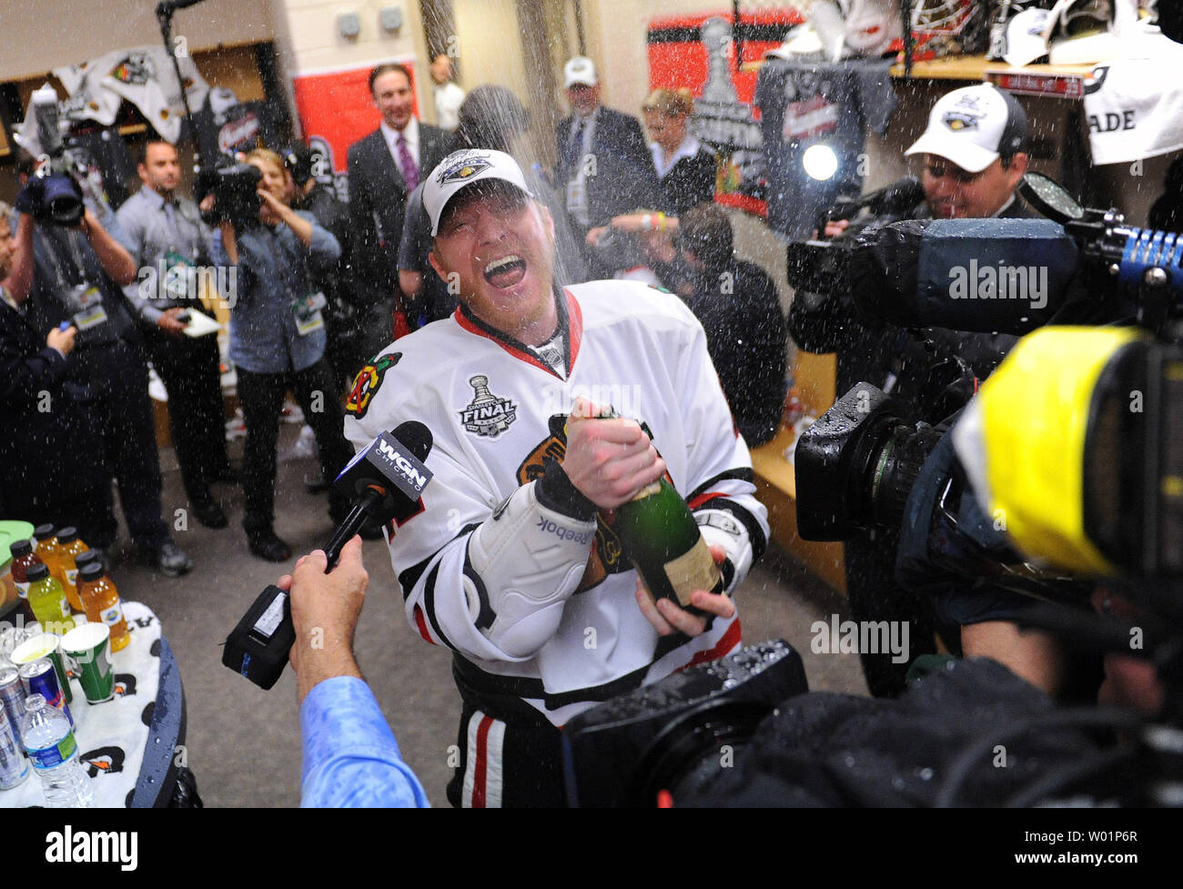 Chicago Blackhawks right wing Marian Hossa celebrates in the locker room after the Blackhawks won the Stanley Cup defeating the Philadelphia Flyers 4-3 during game six of the 2010 Stanley Cup Final in Philadelphia on June 9, 2010. UPI/Kevin Dietsch Stock Photo