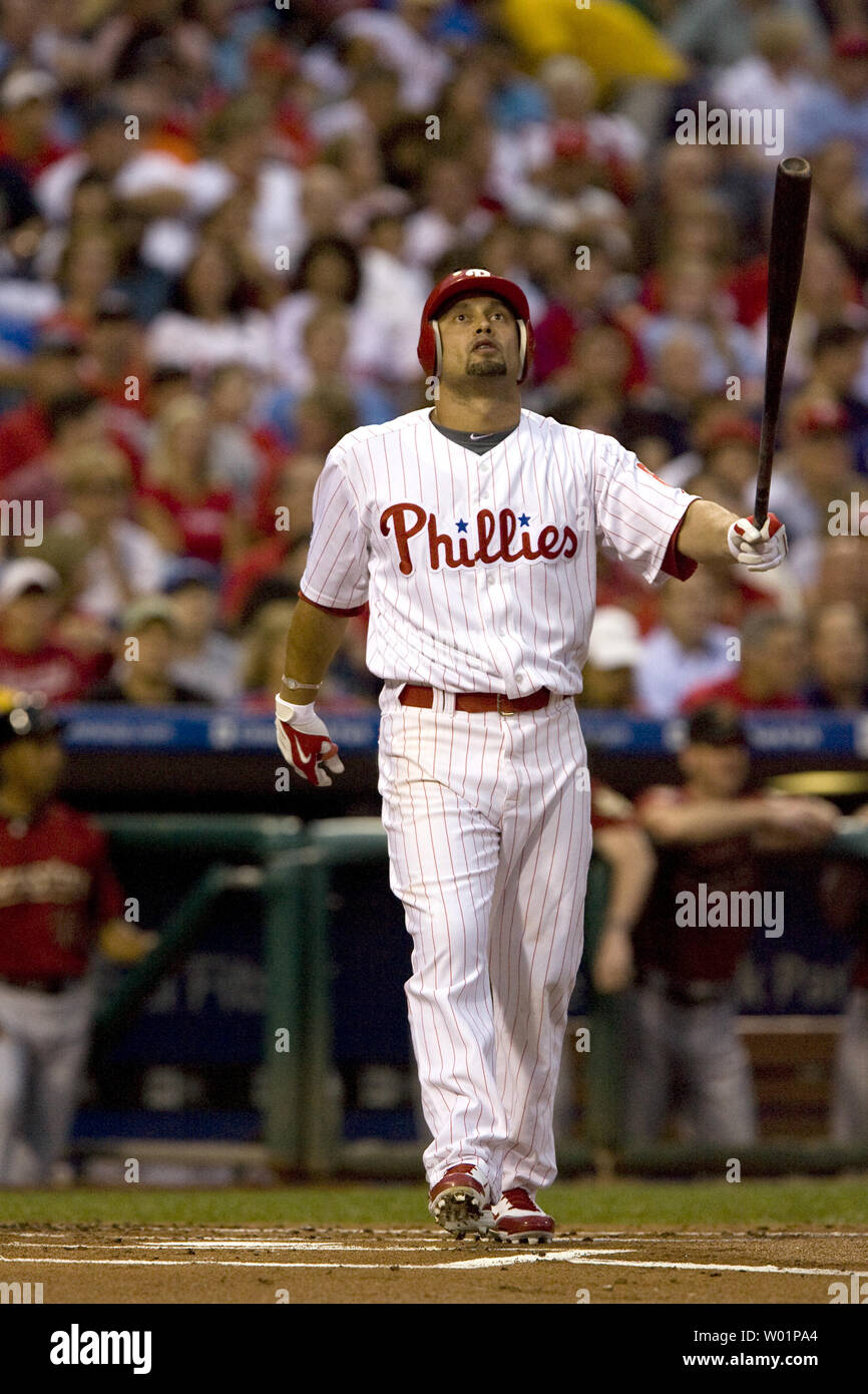 Philadelphia Phillies Shane Victorino keeps an eye on a foul ball while at bat during first inning Houston Astros-Philadelphia Phillies game action at Citizens Bank Park in Philadelphia August 25, 2010.   UPI/John Anderson Stock Photo