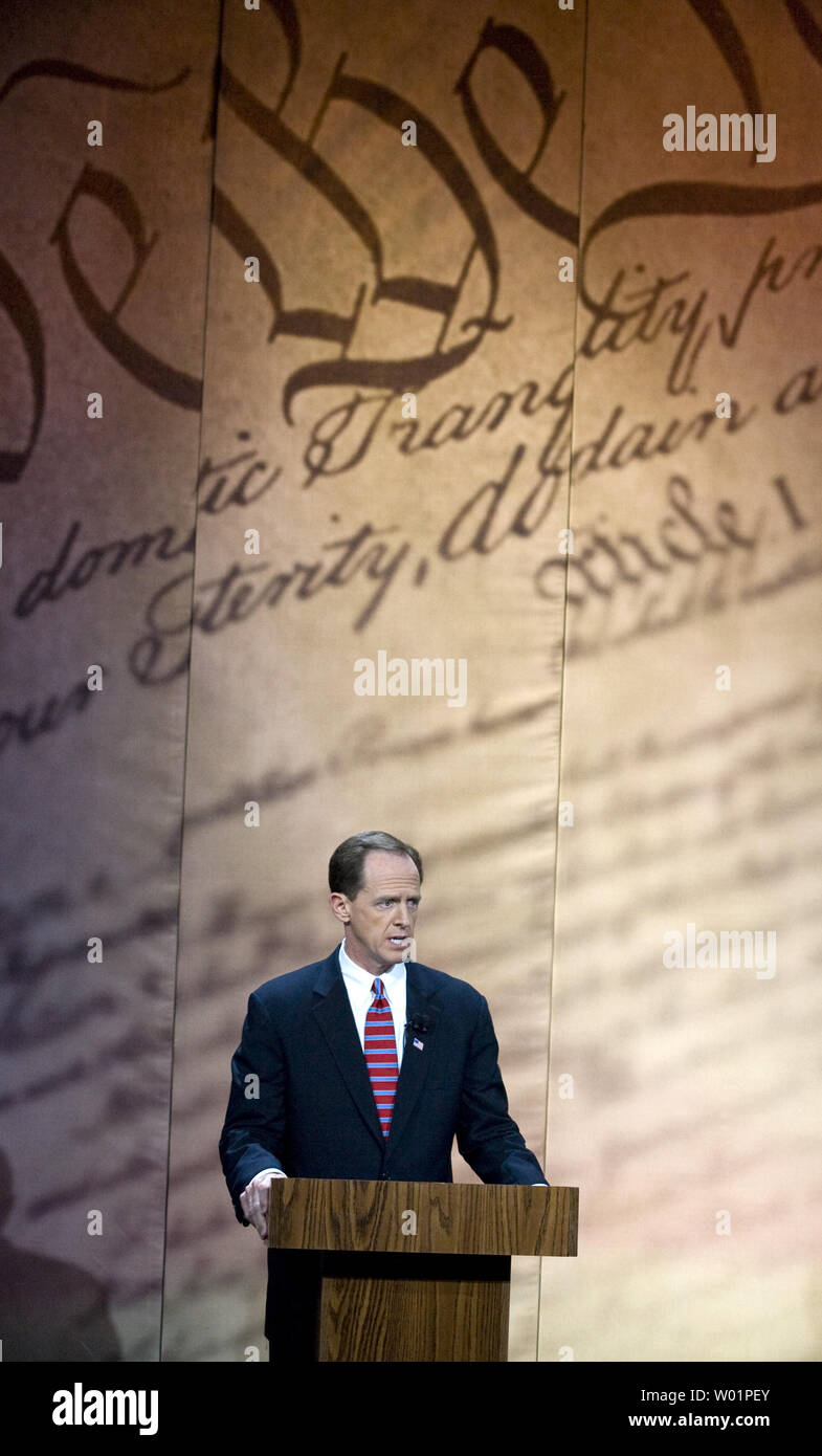 Pennsylvania U.S. Senate candidate Republican Pat Toomey under a backdrop of the U.S. Constitution during his televised debate with opponent Joe Sestak at the National Constitution Center in downtown Philadelphia October 20, 2010. The electoral race between the two is too close to call just two weeks before the election.        UPI/John Anderson Stock Photo