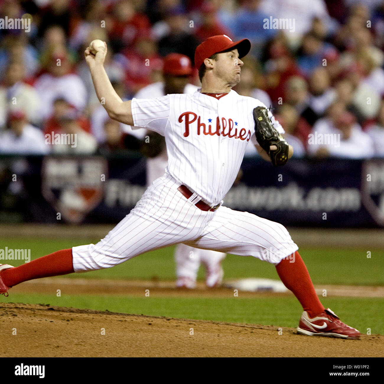 Philadelphia Phillies right hand pitcher Roy Oswalt delivers a pitch in the first inning of  game 6 of the NLSC between the San Francisco Giants and the Philadelphia Phillies  at Citizens Bank Park October 23, 2010.      UPI/John Anderson Stock Photo