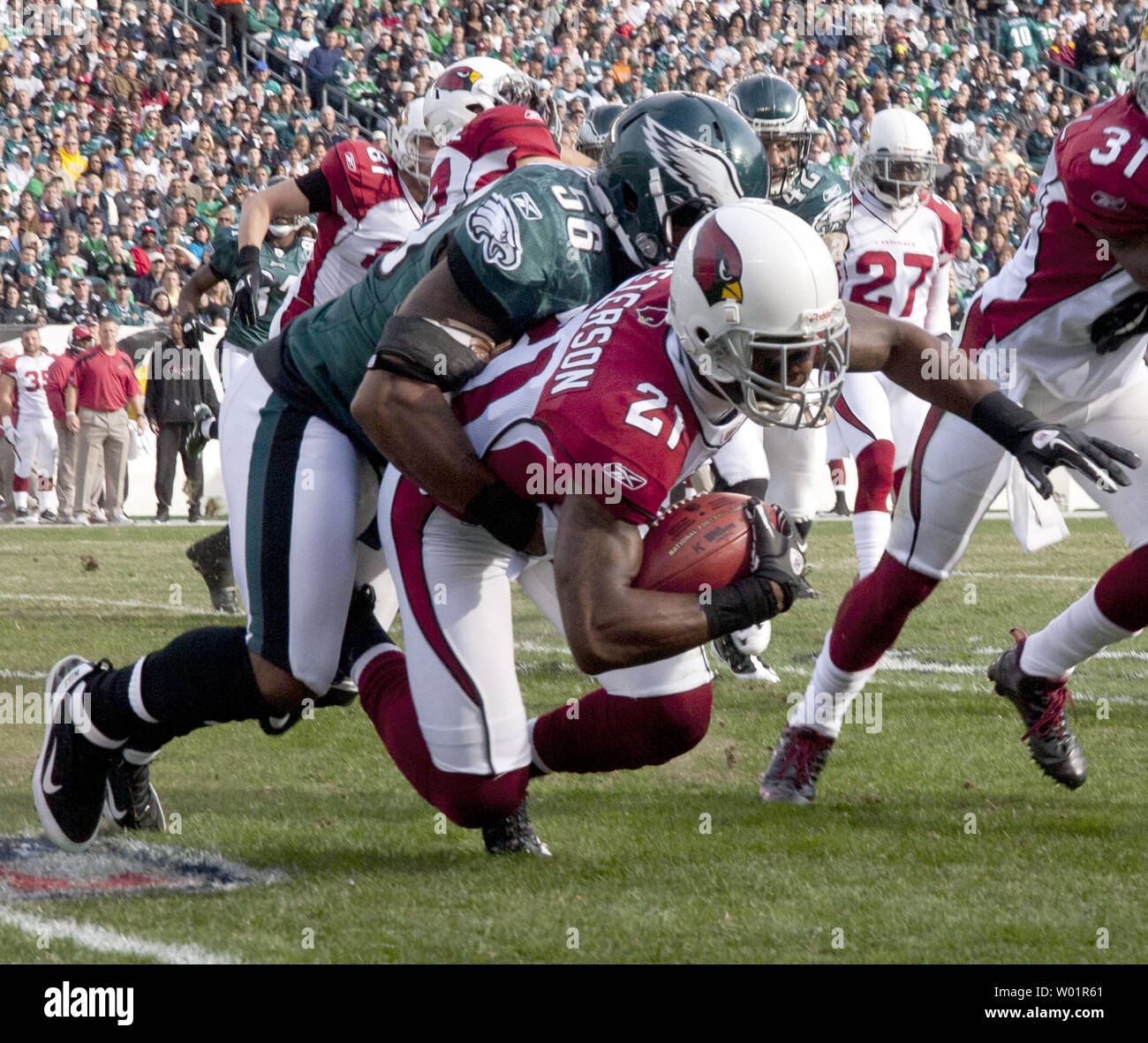 Philadelphia Eagles LeSean McCoy evades all attempts to stop him as he  carries for 33 yards and a touchdown during third quarter NewYork Jets-Philadelphia  Eagles game action at Lincoln Financial Field December