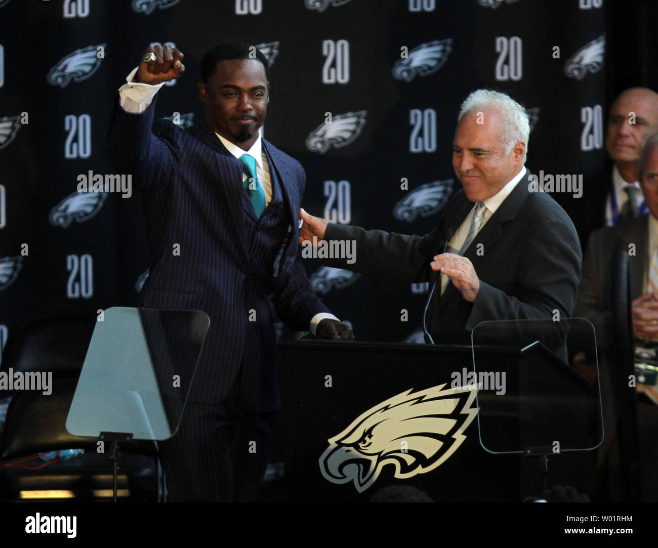 Former Philadelphia Eagles player Brian Dawkins cheers the crowd with Eagles' owner Jeffrey Lurie after retiring his number to the Eagles Hall of Fame at Lincoln Financial Field in Philadelphia on September 30, 2012.  UPI/Laurence Kesterson Stock Photo