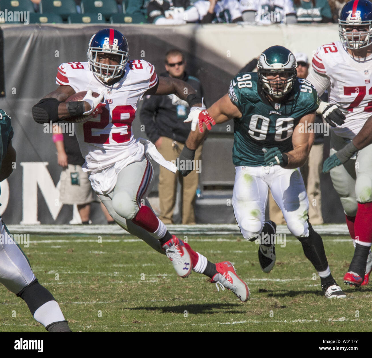 New York Giants running back Michael Cox runs for an 11-yard gain against the Philadelphia Eagles at Lincoln Financial Field in Philadelphia on October 27, 2013.    UPI/John Anderson Stock Photo