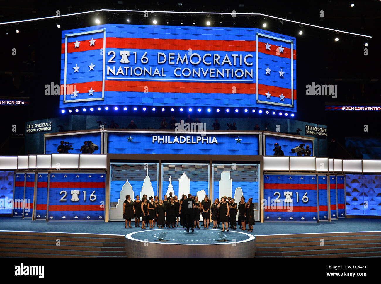 The Mother Emanuel AME Church Choir from Philadelphia perform the 'Battle Hymn of the Republic' on day one of the Democratic National Convention at the Wells Fargo Center in Philadelphia, Pennsylvania on Monday, July 25, 2016. The four-day convention starts on Monday, July 25th, and is expected to nominate Hillary Clinton for president of the United States. Photo by Pat Benic/UPI Stock Photo