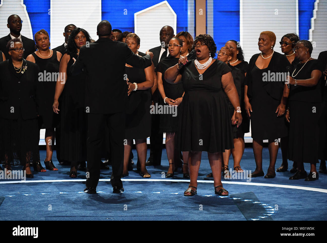 The Mother Emanuel AME Church Choir from Philadelphia performs the 'Battle Hymn of the Republic' on day one of the Democratic National Convention at the Wells Fargo Center in Philadelphia, Pennsylvania on Monday, July 25, 2016. The four-day convention starts on Monday, July 25th, and is expected to nominate Hillary Clinton for president of the United States. Photo by Pat Benic/UPI Stock Photo