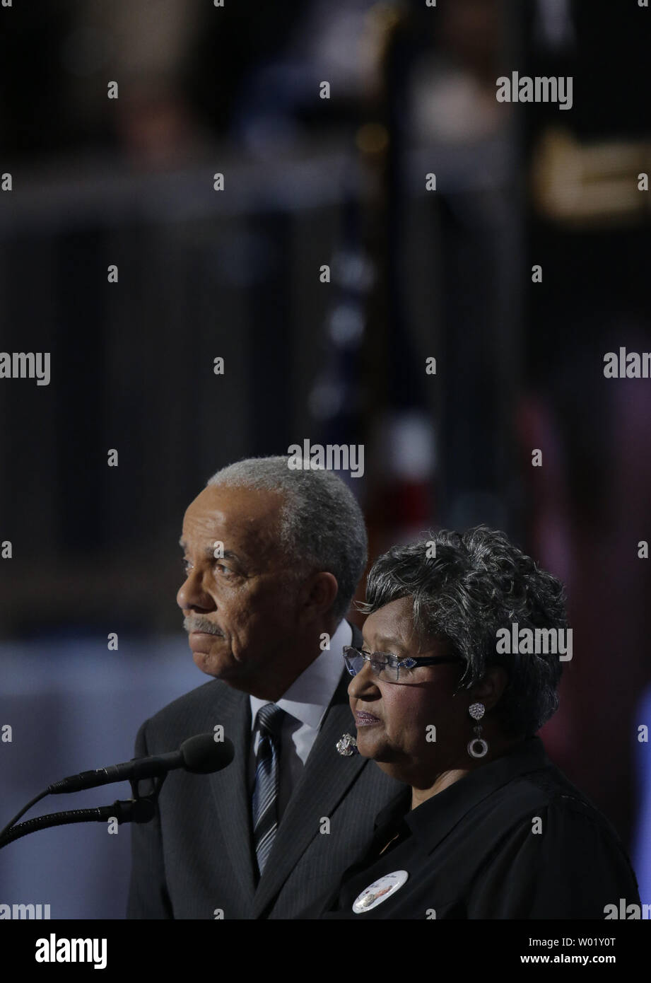 Wayne and Barbara Owens, parents of slain Cleveland police officer, speak on day four of the Democratic National Convention at Wells Fargo Center in Philadelphia, Pennsylvania on July 28, 2016.  Hillary Clinton claims the Democratic Party's nomination for president.   Photo by Ray Stubblebine/UPI Stock Photo