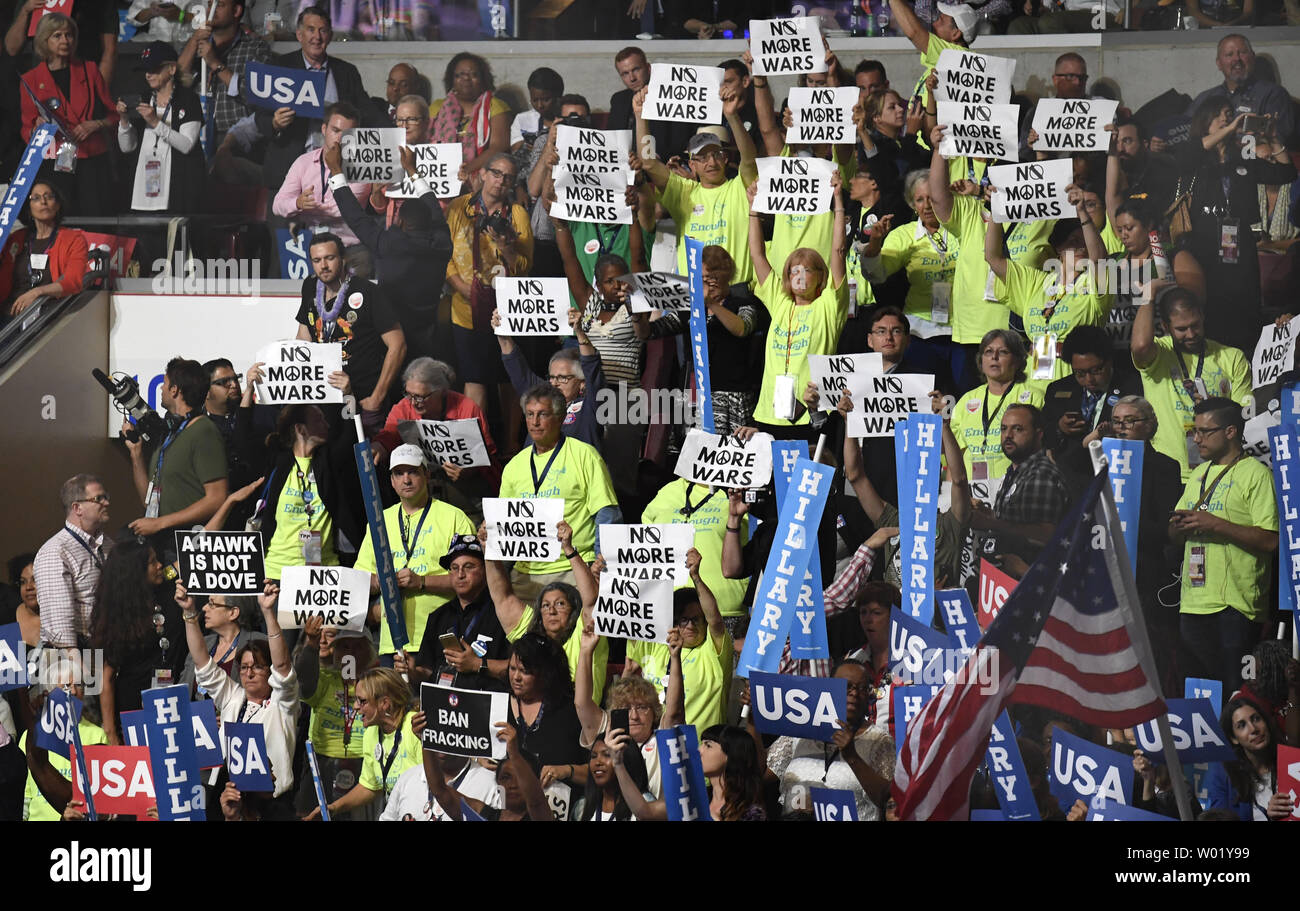 California delegation members and Bernie Sanders supporters hold 'No More War' signs during Day four of the Democratic National Convention at Wells Fargo Center in Philadelphia, Pennsylvania on July 28, 2016.  Democrat Hillary Clinton will face Republican Donald Trump in the national election.   Photo by Mike Theiler/UPI Stock Photo
