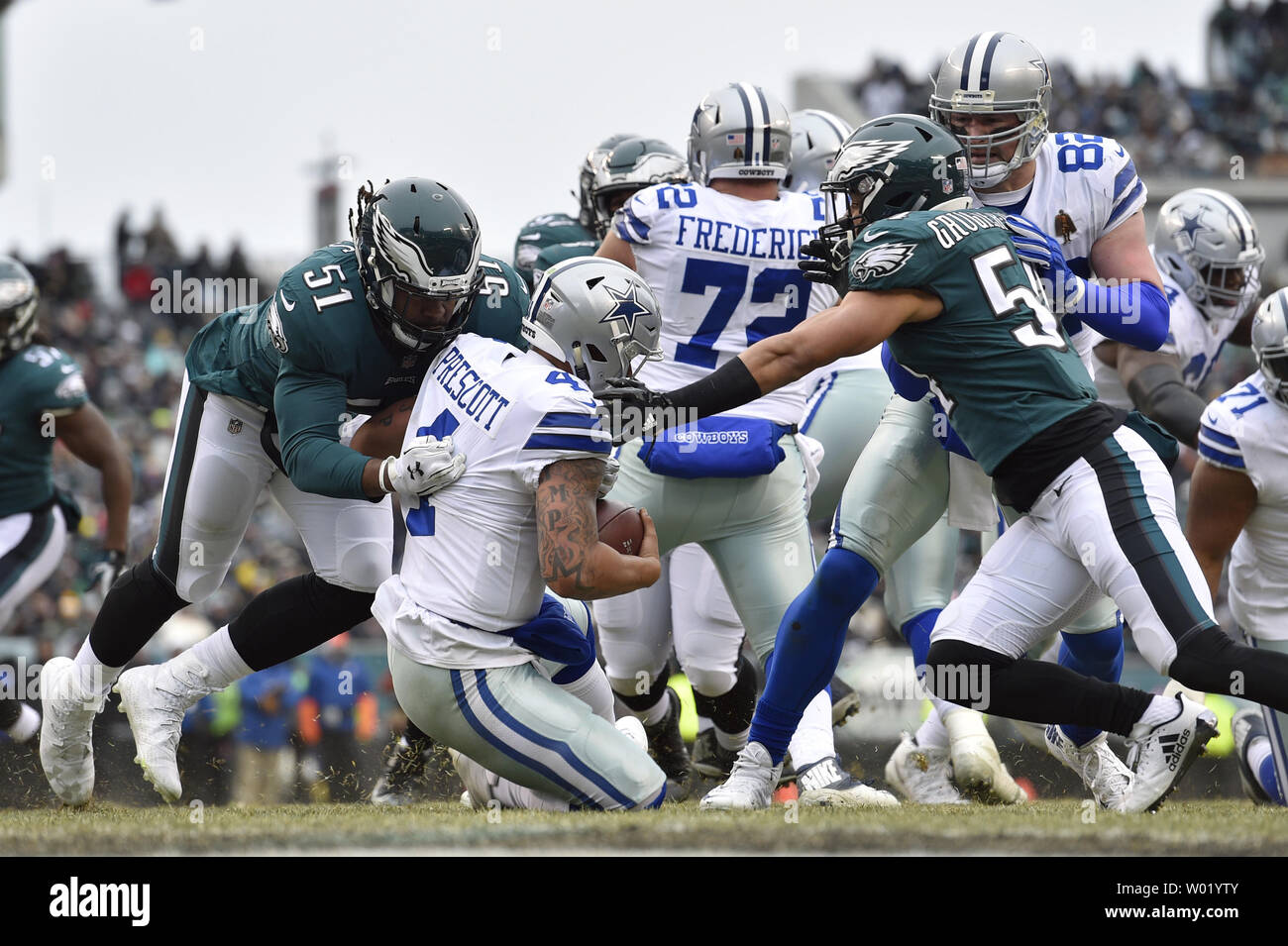 Philadelphia Eagles defensive end Steven Means (51) sacks Dallas Cowboys  quarterback Dak Prescott (4) during the second quarter at Lincoln Financial  Field on December 31, 2017 in Philadelphia. Photo by Derik Hamilton/UPI