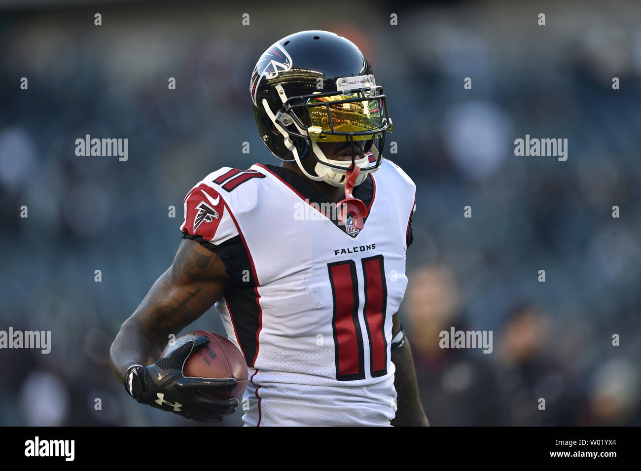 Atlanta Falcons' Julio Jones (11) warms up prior to an NFC divisional playoff game against the Philadelphia Eagles at Lincoln Financial Field on January 13, 2018 in Philadelphia. The Eagles won 15-10 to advance to the NFC championship game. Photo by Derik Hamilton/UPI Stock Photo