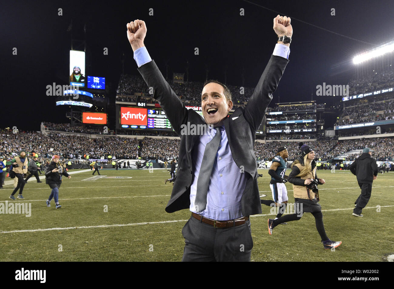 Philadelphia Eagles executive vice president of football operations Howie  Roseman celebrates after winning the NFC Championship at Lincoln Financial  Field in Philadelphia on January 21, 2018. The Eagles defeated the  Minnesota Vikings