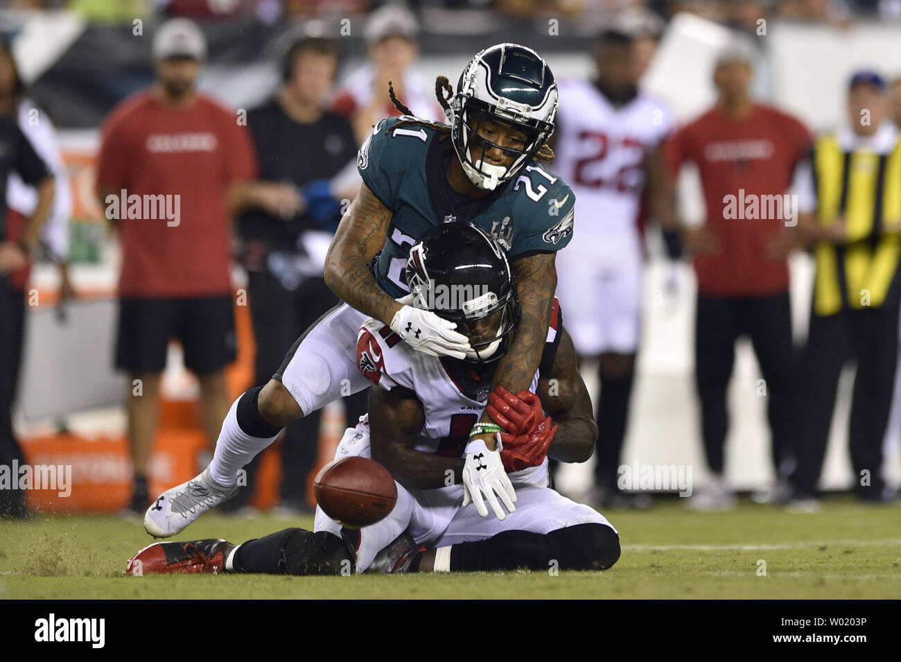 Philadelphia Eagles cornerback Ronald Darby (21) breaks up a pass intended for Atlanta Falcons wide receiver Julio Jones (11) during the second quarter of an NFL football game at Lincoln Financial Field in Philadelphia on Sept. 6, 2018. Photo by Derik Hamilton/UPI Stock Photo