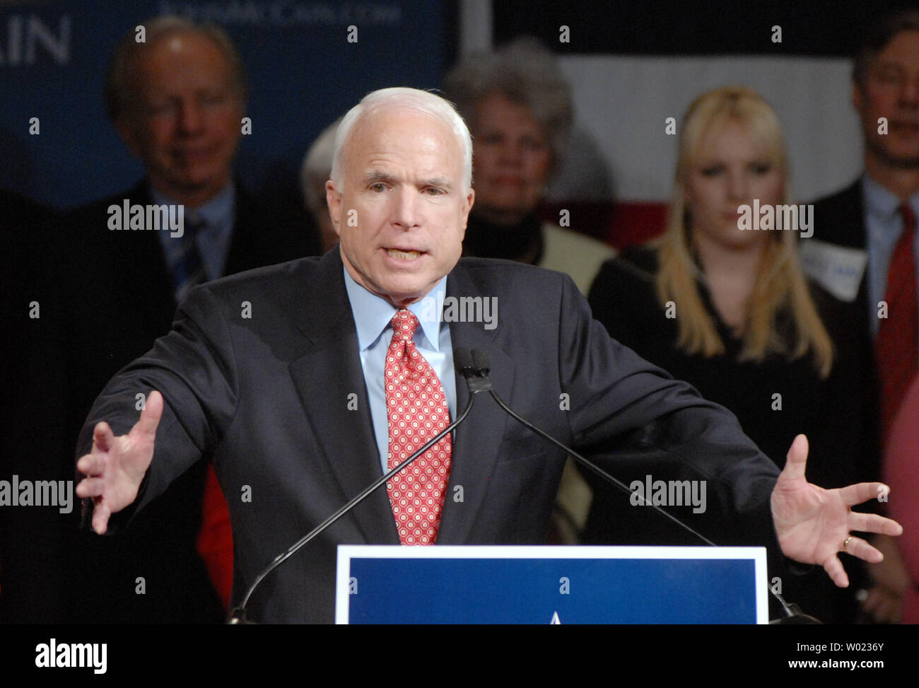 Sen. John McCain (R-AZ) speaks at a rally on Super Tuesday at the Arizona Biltmore Resort in Phoenix, Arizona on February 5, 2008. McCain is the projected leader in the race for the GOP nomination as 24 U.S. states vote in the primary election. (UPI Photo/Alexis C. Glenn) Stock Photo