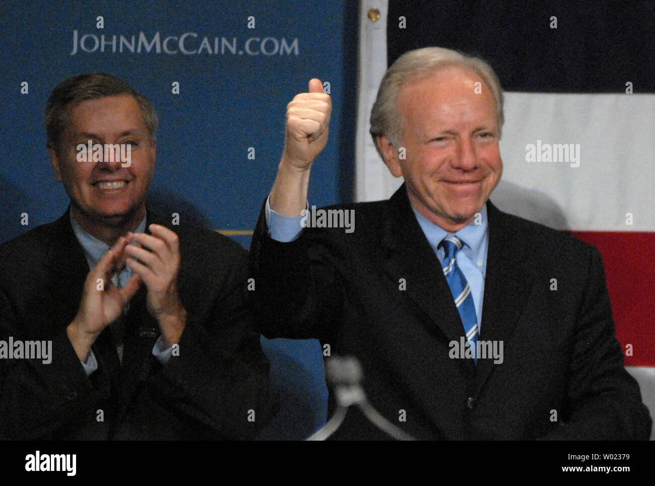 Sen. Joe Lieberman (I-CT) (R) and Sen. Lindsey Graham (R-SC) attend a rally for Sen. John McCain (R-AZ) on Super Tuesday at the Arizona Biltmore Resort in Phoenix, Arizona on February 5, 2008. McCain is the projected leader in the race for the GOP nomination as 24 U.S. states vote in the primary election. (UPI Photo/Alexis C. Glenn) Stock Photo