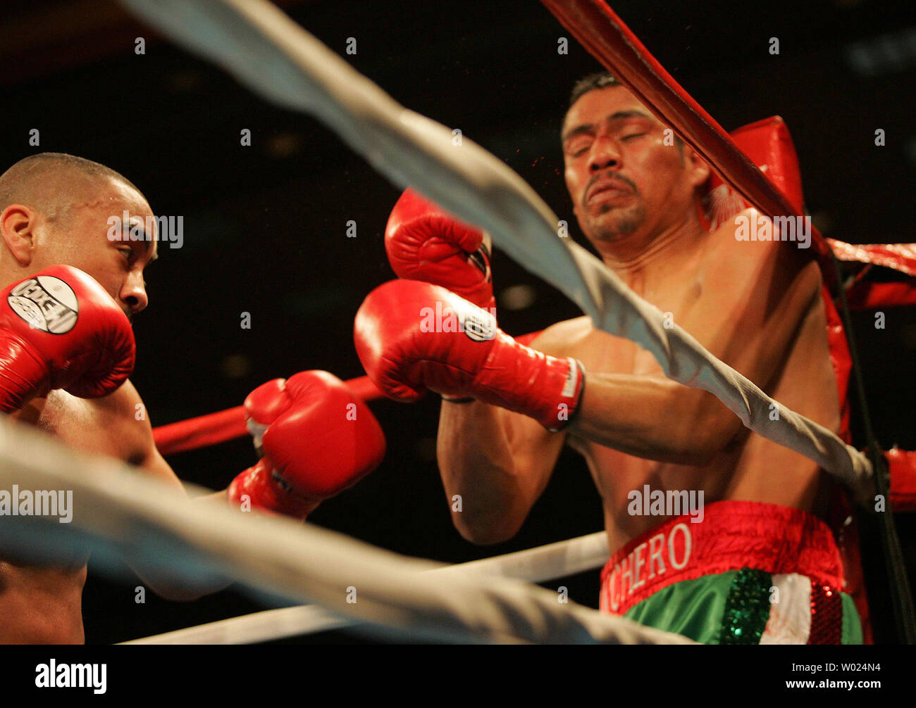 Former Olympic Silver Medalist Rocky Juarez of Houston,  TX batters Juan Carlos 'Ranchero' Ramirez of Juarez,  Mexico, in the 1st round at the Pechanga Indian Reservation, Temecula CA, March 4, 2005.     (UPI Photo/Roger Williams) Stock Photo