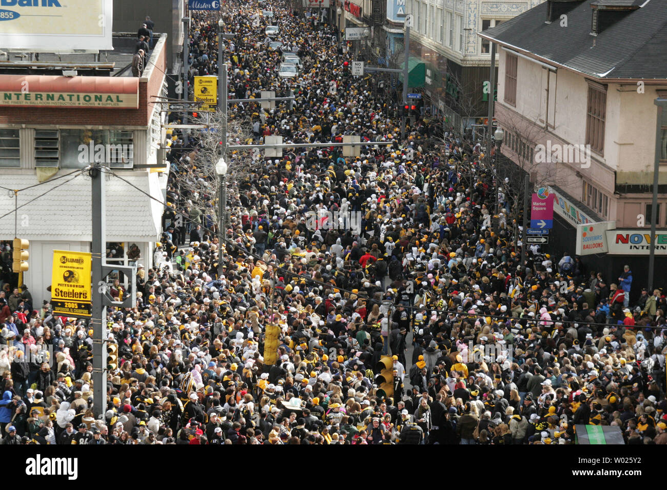 Thousands of Steelers crowd around the players as the Super Bowl XL  champion Pittsburgh Steelers celebrate in a parade down Fifth avenue in  Pittsburgh, Pa., on February 7, 2006. The Steelers defeated