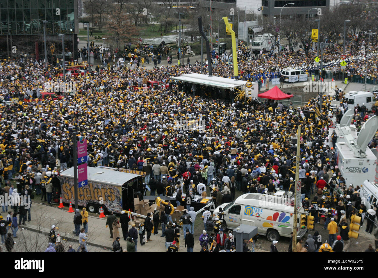 Thousands of Steelers crowd around the players as the Super Bowl XL  champion Pittsburgh Steelers celebrate in a parade down Fifth avenue in  Pittsburgh, Pa., on February 7, 2006. The Steelers defeated