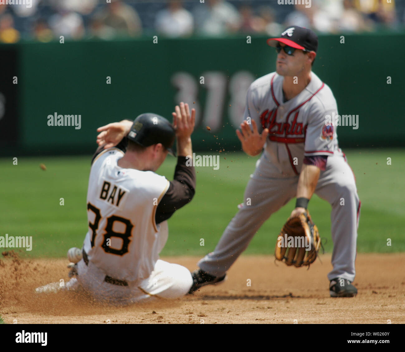 Second basemen Marcus Giles of the Atlanta Braves awaits the throw from Brian McCann as Jason Bay of the Pittsburgh Pirates slides into second, during the first inning at PNC Park in Pittsburgh, Penn., on August 3, 2006.  (UPI Photo/Stephen Gross) Stock Photo