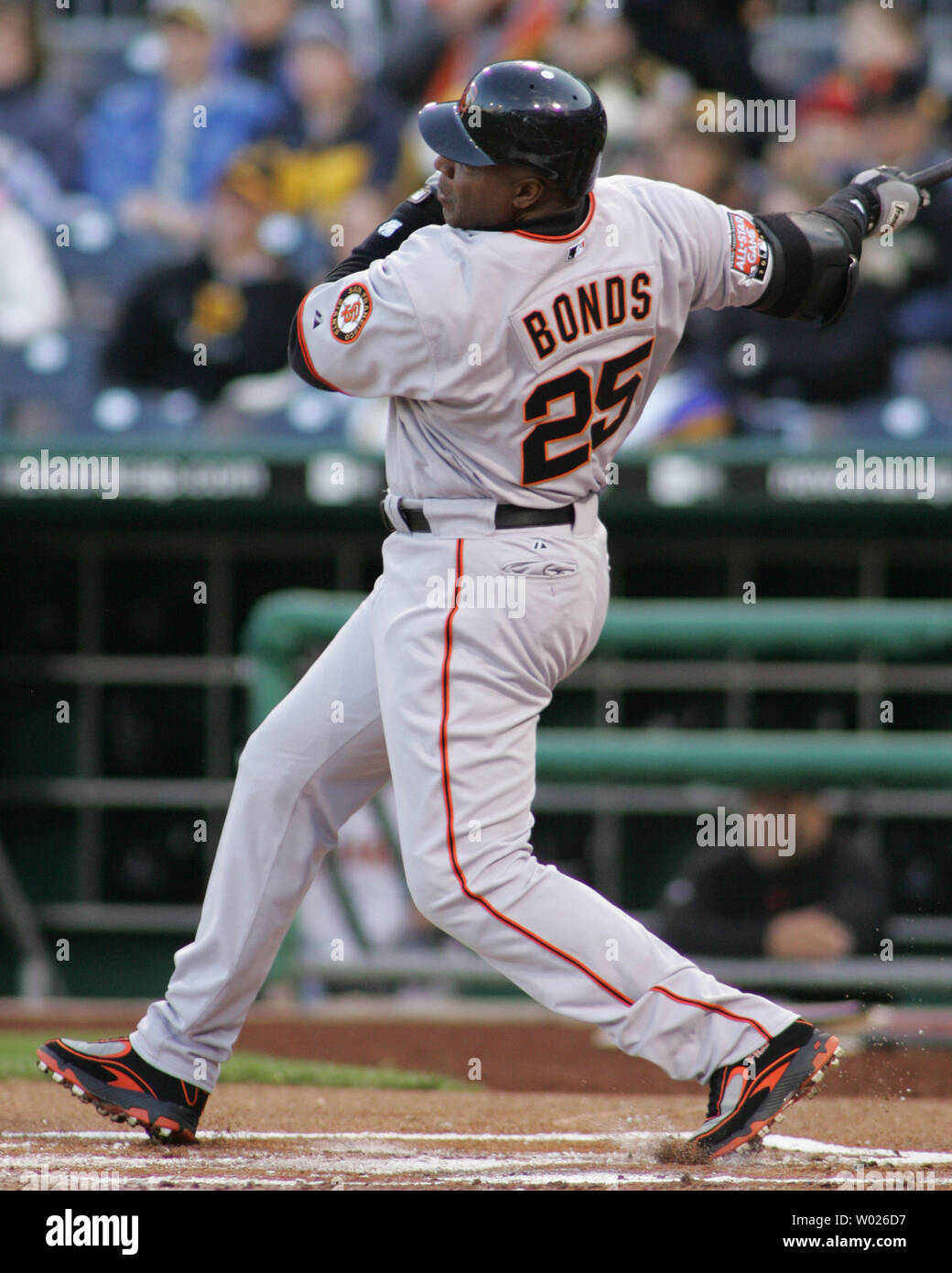 San Francisco Giants Barry Bonds hits one of two home runs in the