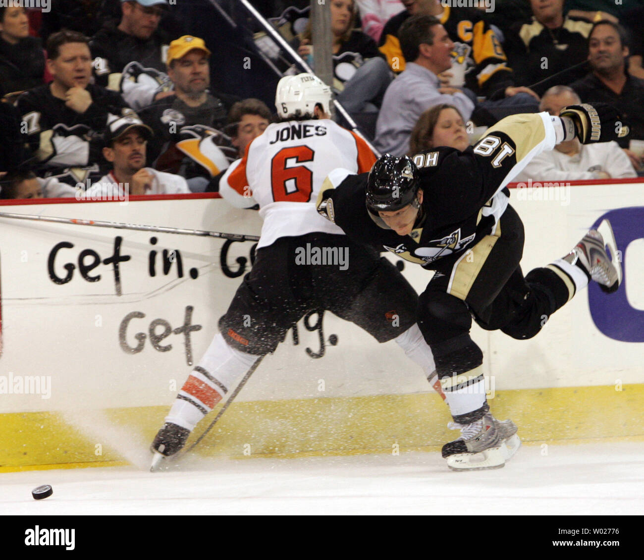 Pittsburgh Penguins Marian Hossa is blocked by Philadelphia Flyers Randy Jones during the third period at the Mellon Arena in Pittsburgh on April 2, 2008.      (UPI Photo/Stephen M. Gross) Stock Photo